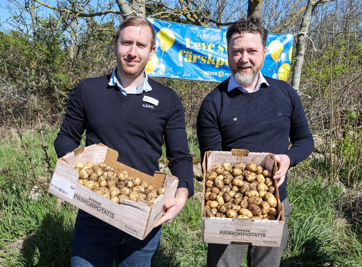 Tobias Hagström och Markus Nylén från Lidl med potatisen som de fick med sig. Foto: Peter Jakobsson