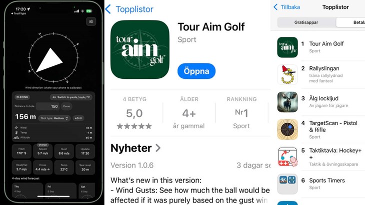 Tour Aim Golf-appen gick på bara 48 timmar upp i topp på listan över mest nedladdade sportbetalappar. Foto: Skärmbild Appstore 