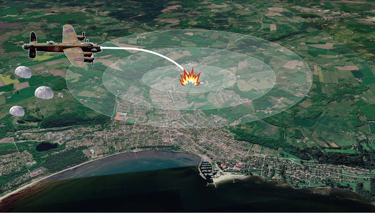 Den 29 augusti 1944 kraschar bombplanet Lancaster ME742 i Nyled precis utanför Båstads tätort. Hela besättningen hoppade ur planet innan kraschen och klarade sig. Ingen dog på marken heller när planet slog ner. Illustration: Peter Bengtsson