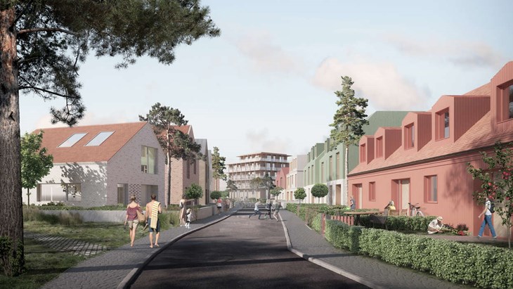 Visionsbild på en gata i området Tuvelyckan etapp 2. Illustration: Fredblad Arkitekter