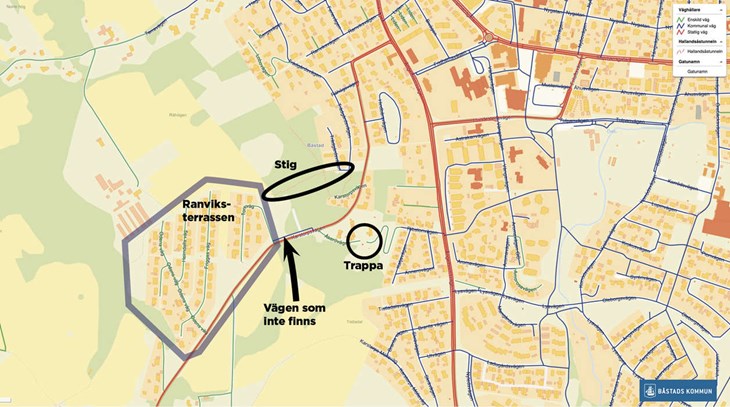Bild från Båstads kommuns karta med väghållare utmarkerat. Här syns bland annat vägsnutten som inte finns. Pålagd grafik: MiB.
