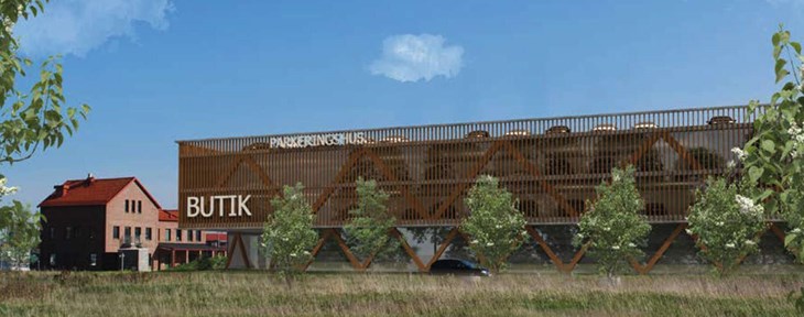 Ett exempel på hur ett parkeringsgarage vid Båstad station skulle kunna se ut. Ritat av Fredblad Arkitekter. Bild från detaljplanen.