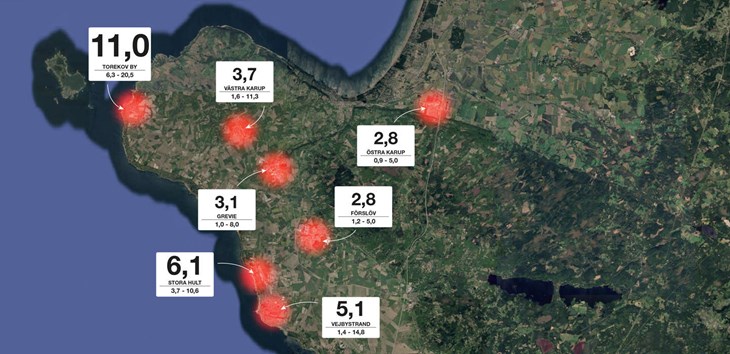 Den stora siffran avser snittpriset (jan 2024 – aug 2026) för en villa i området. Siffrorna under är billigaste till dyrast försäljningen under samma tid. Grafik: MiB