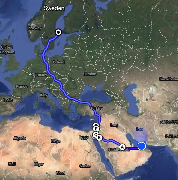 8206 kilometer planerade gps:en in för hemresan från Dubai till Båstad. Foto: Privat
