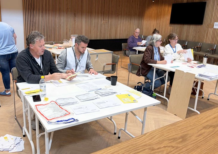 Räkning och registrering av onsdagsrösterna pågår i Båstad. Foto: Peter Jakobsson